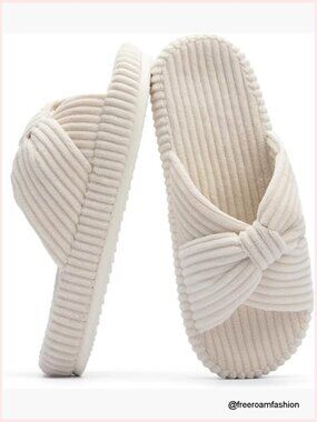 Memory Foam Slippers with Corduroy Bow Crossbands, Comfy House Shoes